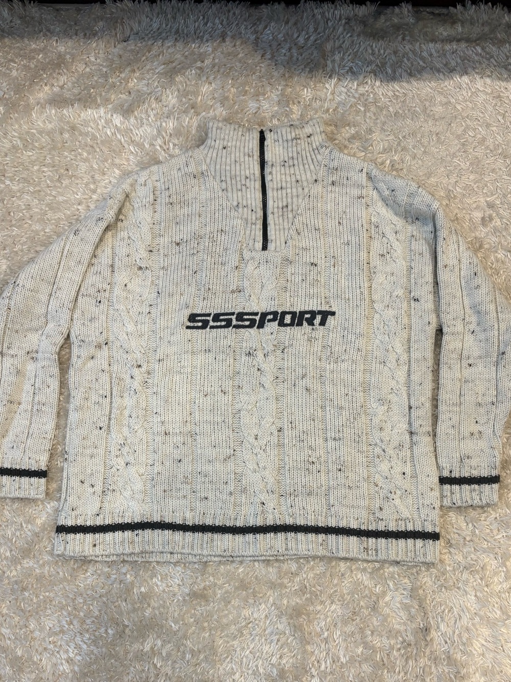 Ivory Cream Black Speckled Half-Zip Cozy Oversized Cable Knit Pullover Athletic